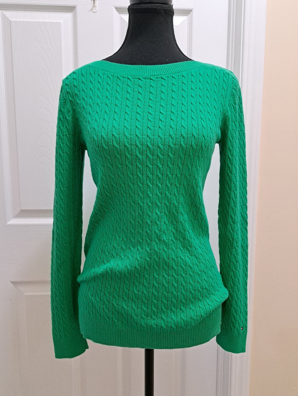 Tommy Hilfiger Green Cable Knit Round Neck Sweater Womens Size Medium Colourful